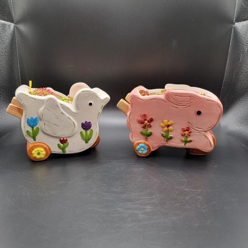 Vintage Ceramic Bunny Rabbit Wheelbarrow Planter Pink & White Duck Planter...